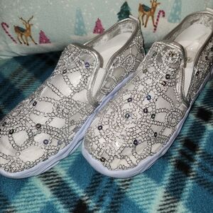 Silver Rhinestone Slip-On Sneakers for Women